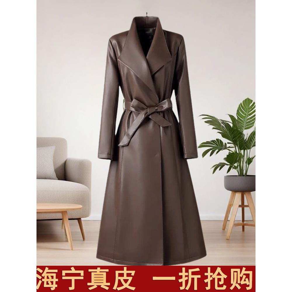 欧货海宁真皮皮衣女修身韩版显瘦中长款秋过膝绵羊皮系带风衣外套
