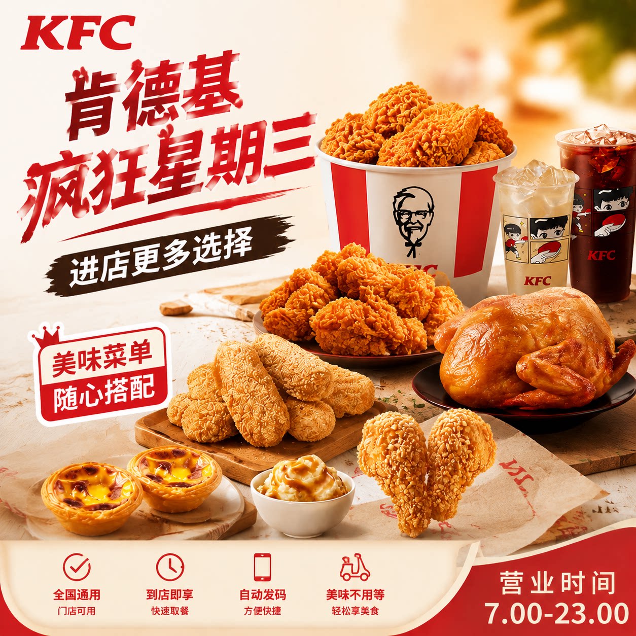 肯德基疯狂星期三香脆贝贝鸡块原味鸡拌土豆泥秘汁全鸡纸包鸡蛋挞