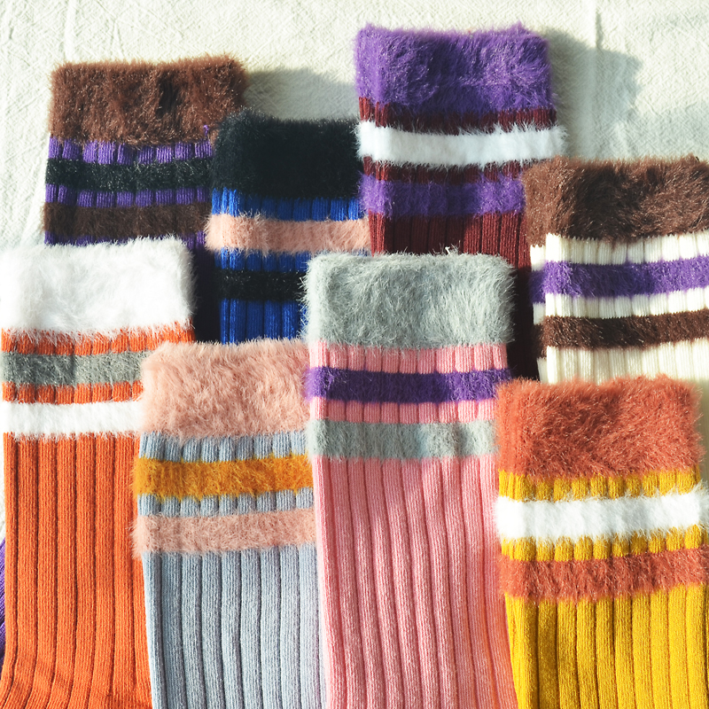 秋冬袜子女堆堆袜加厚中筒纯棉水貂绒高筒外穿条纹百搭高颜值学生