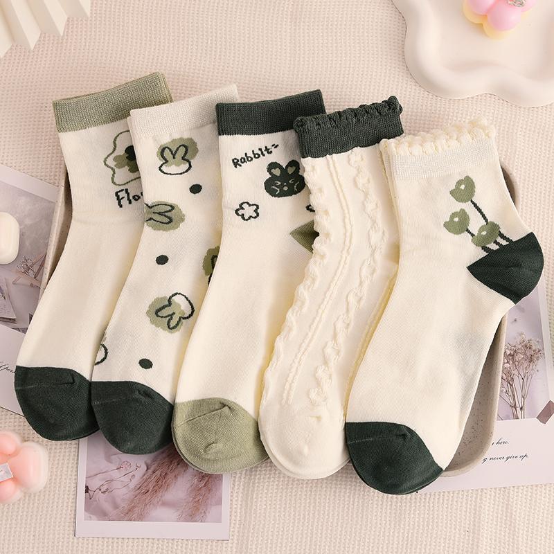 复古绿袜子女士花边中筒袜纯棉可爱ins潮春秋季日系韩版冬天防臭