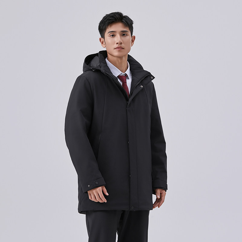 商务男连帽加厚保暖羽绒服中长款