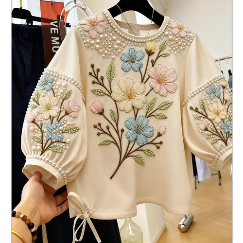 休闲轻奢钉珠花朵刺绣宽松T恤女