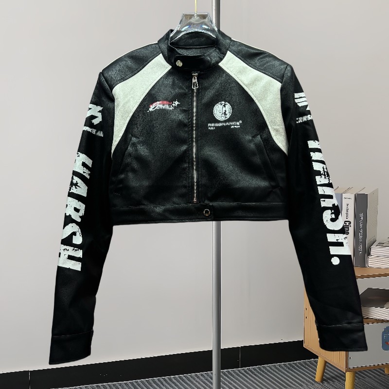 撞色短款立领赛车服夹克
