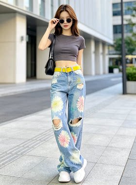 原创定制时尚高腰显瘦破洞阔腿牛仔裤女夏季潮牌垂坠感宽松直筒裤