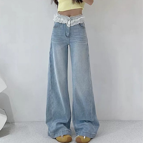 美式复古新款秋季辣妹蕾丝拼接烫钻浅蓝色牛仔裤女高腰显瘦直筒裤