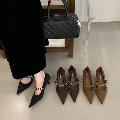 高跟鞋法式尖头玛丽珍单鞋女鞋子2025新款春季褶皱百搭黑色晚晚鞋