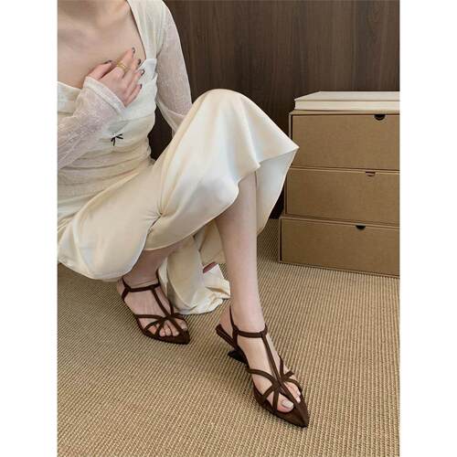 一字扣带凉鞋女夏季2026年新款坡跟防滑女鞋尖头女轻奢高跟罗马鞋