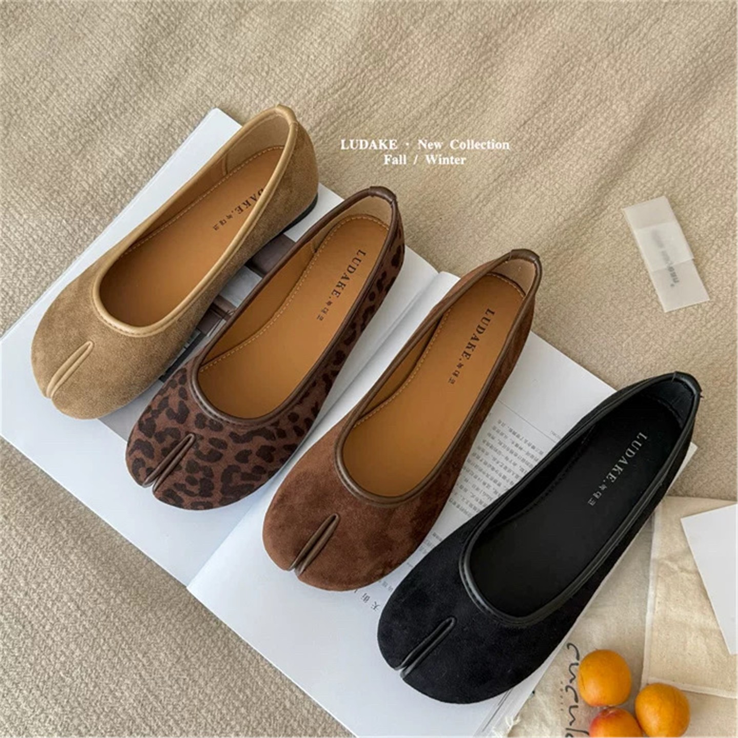 LUDAKE鹿大可复古风绒面豹纹分趾单鞋女春秋百搭软底一脚蹬猪蹄鞋