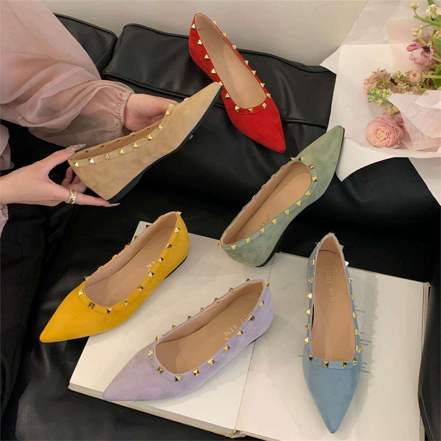 森系糖果色尖头绒面铆钉内增高单鞋女2026新款软底百搭气质仙女鞋
