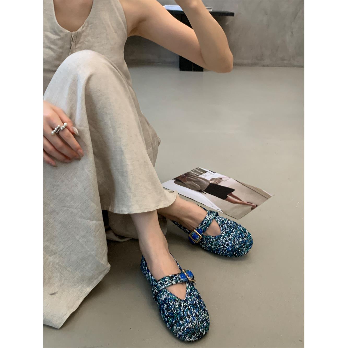 2025夏季彩色拉菲草手工编织浅口玛丽珍鞋女平底单鞋一字扣带凉鞋