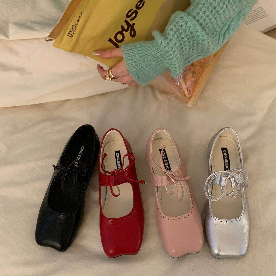 韩版红色设计感时尚玛丽珍小皮鞋女早春新款法式复古银色晚晚单鞋