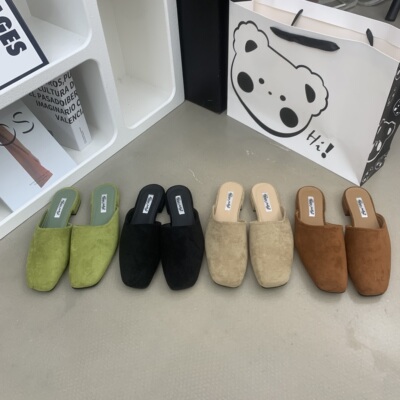 happyfeeling时尚简约百搭晚晚风绒面包头一脚蹬懒人平底穆勒鞋