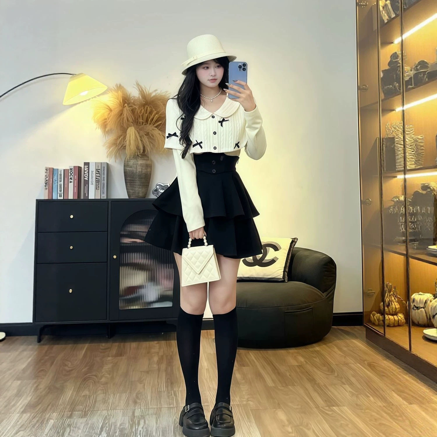 大码女装法式千金风时尚套装女秋冬斗篷蝴蝶结上衣黑色束腰裙套装