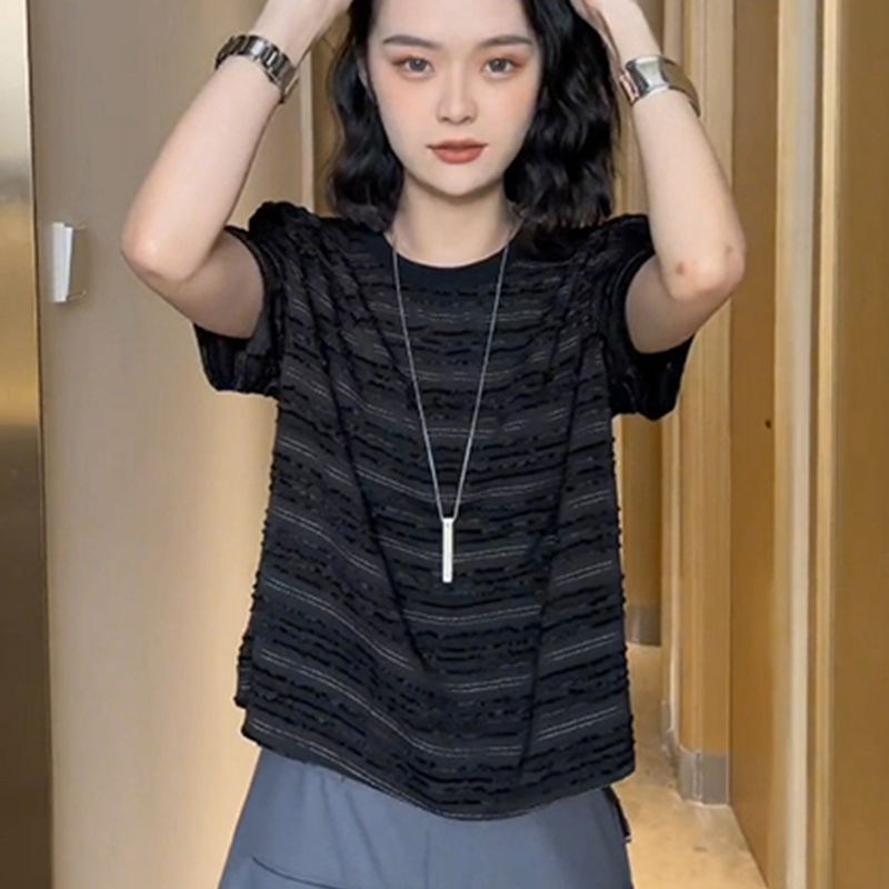 欧货黑色时尚条纹短袖T恤女夏季2026新款设计感小众休闲百搭上衣