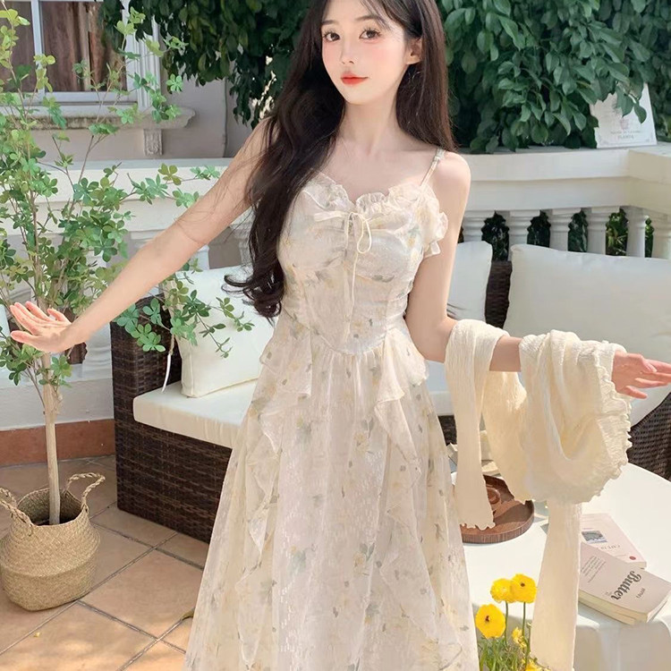 2026新款法式高级感小个子雪纺长裙碎花吊带两件式洋装装女夏