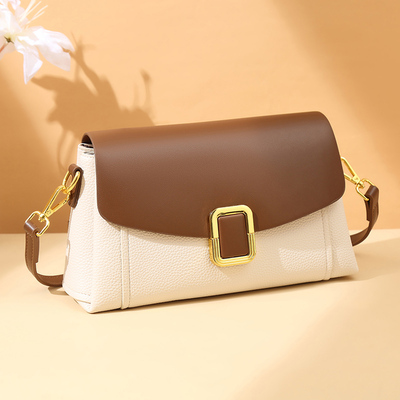 高级感真皮女包小方包2025新款撞色单肩包简约百搭大气通勤斜挎包