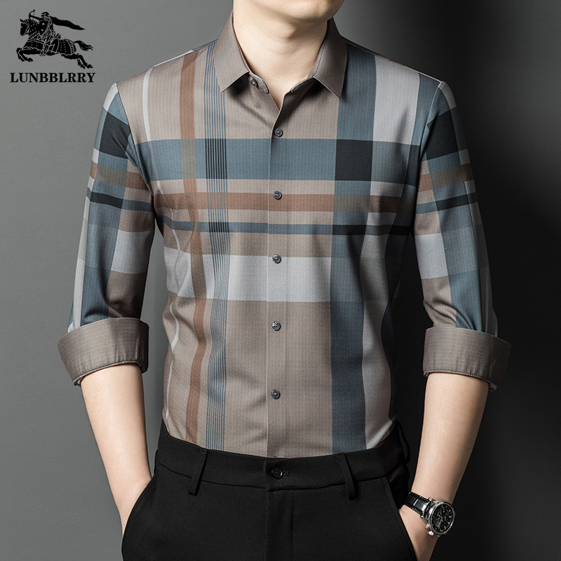 高端伦巴宝利娇男士长袖衬衫春季新款条纹衬衣商务休闲免烫打底衫