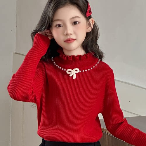 女童毛衣秋冬款2025新款儿童厚款针织衫一体绒中大童打底春秋内搭