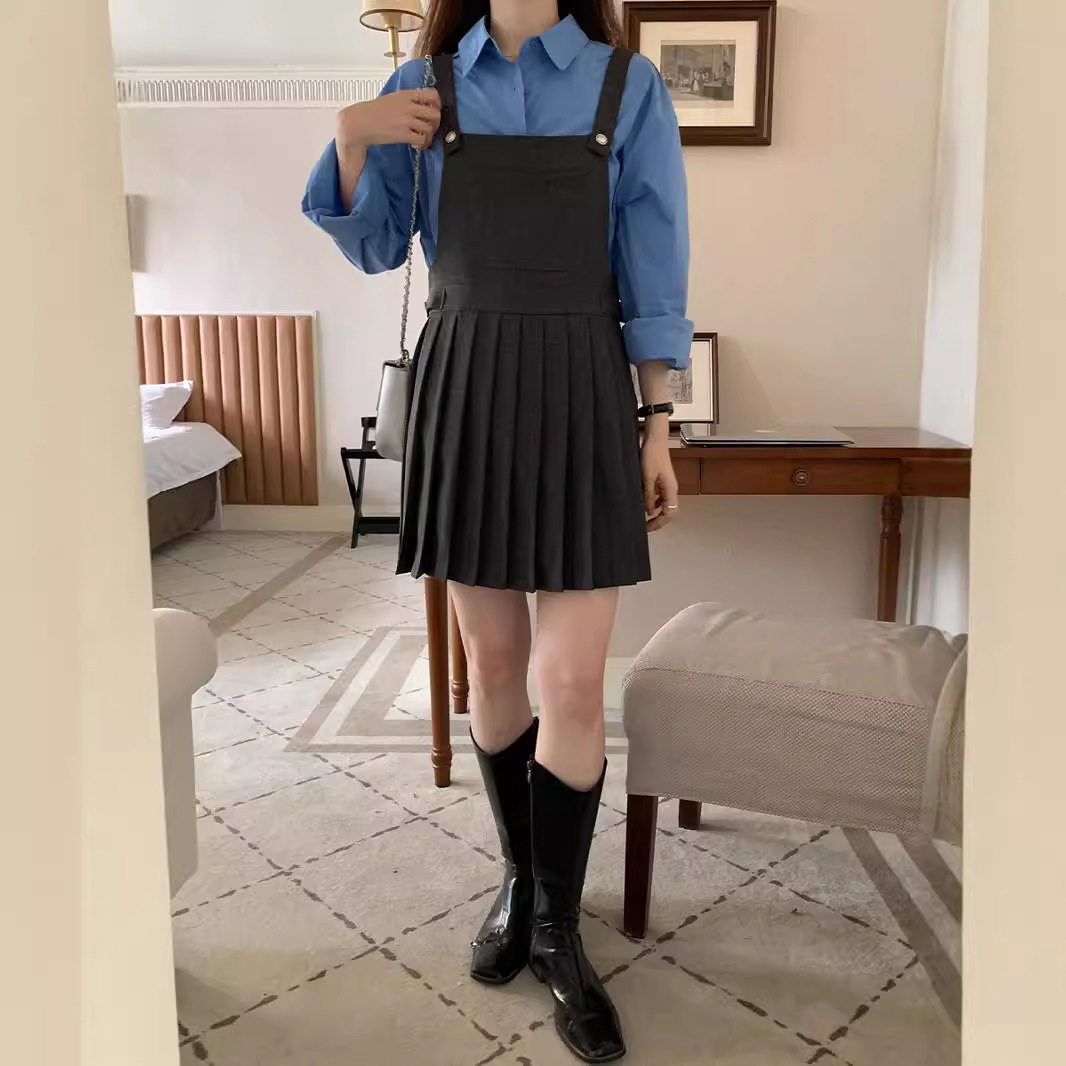 韩国东大门知识分子学院风百褶背带裙女秋季新款气质减龄连衣裙