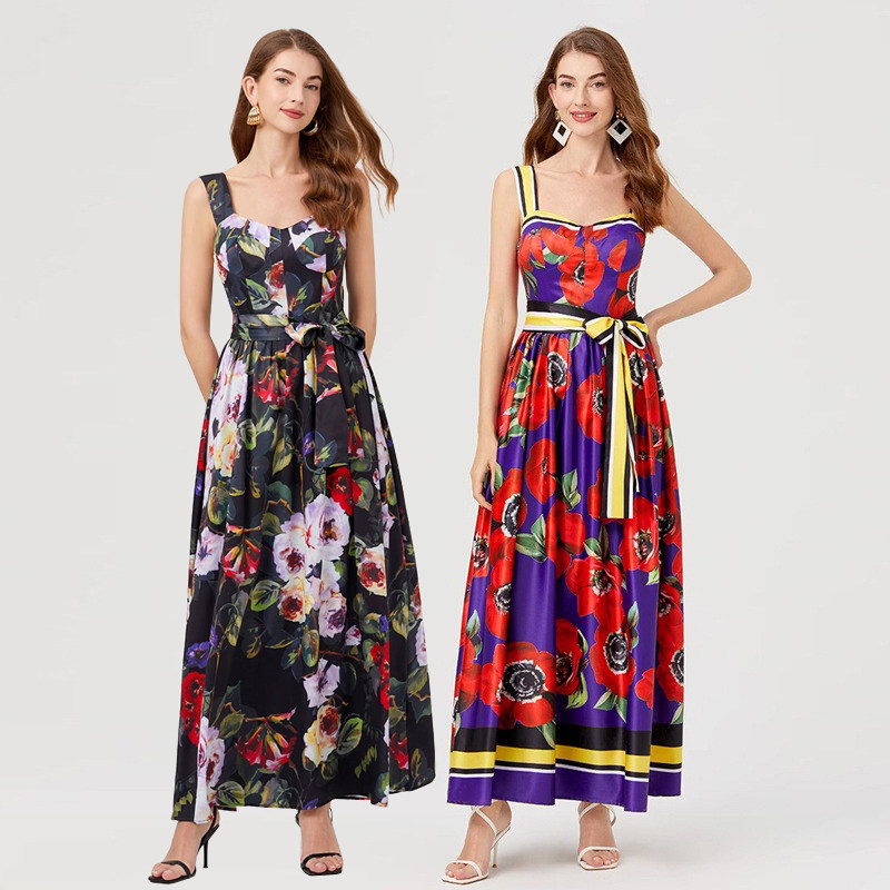 气质名媛明星款一字肩大花走秀礼服长裙好看的沙滩度假吊带连衣裙