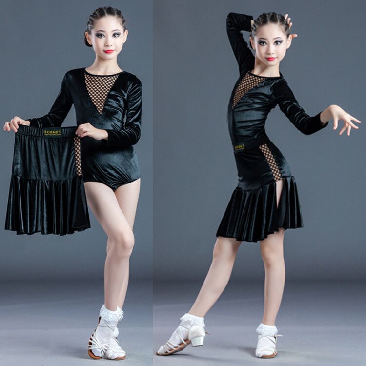 拉丁舞服女童秋冬季丝绒开叉裙