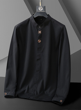 300斤胖子大码立领衬衫男长袖胸围150宽松商务休闲免烫刺绣衬衣秋