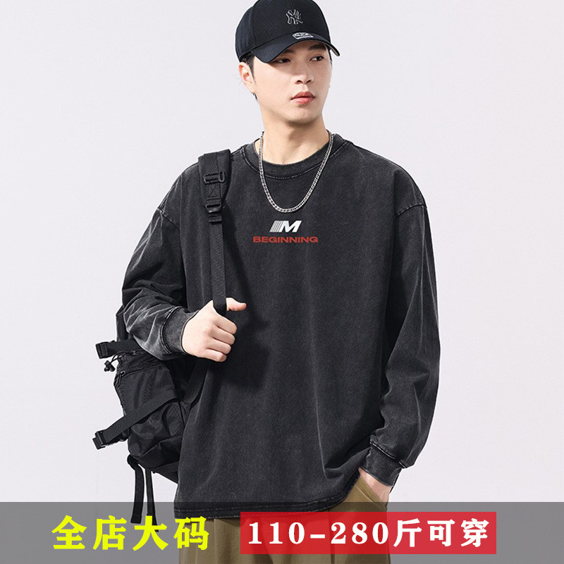 大码男装秋季上衣加肥加大男长袖T恤宽松复古印花圆领打底衫胖子