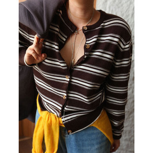 长袖 巴恩风复古热可可条纹羊毛针织开衫 外套撞色上衣 1st编辑店