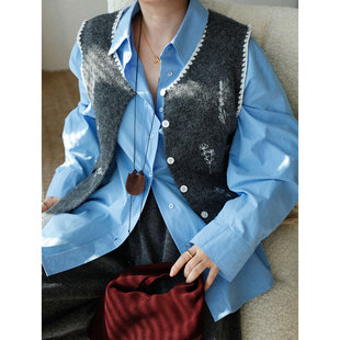 叠穿背心外搭 复古刺绣灰色针织马甲女百搭宽松衬衫 1st编辑店