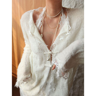 A'1st编辑店 白月光提花蕾丝拼接白色针织开衫新中式温柔风上衣女