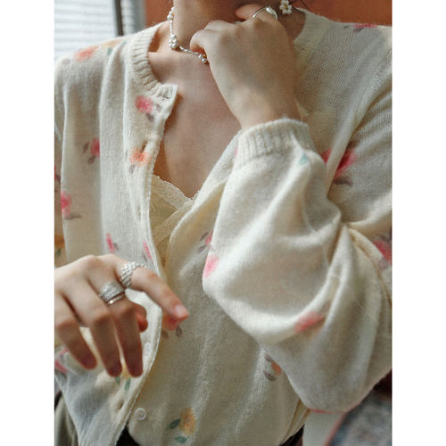 法式甜美碎花针织开衫女复古外搭