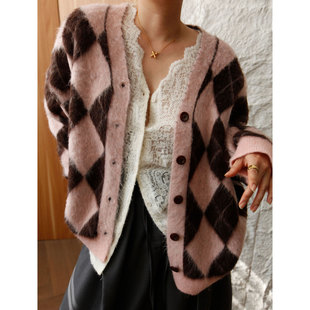 氛围感复古菱格拉毛针织开衫 法式 慵懒风宽松毛衣外套 1st编辑店