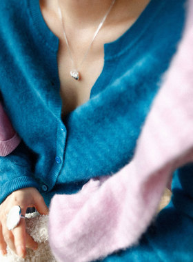 A'1st编辑店 法式氛围感拉绒蓝色羊绒衫针织开衫慵懒风毛衣外套女