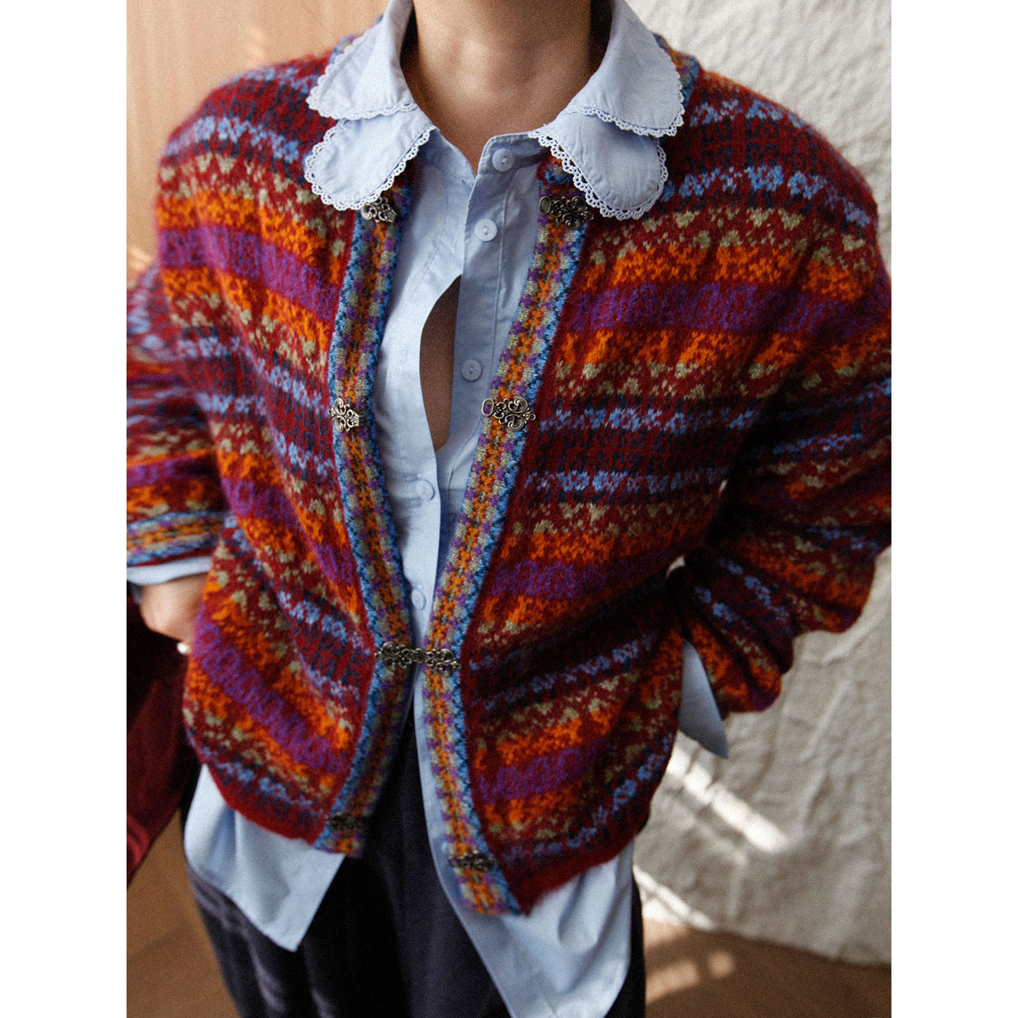 费尔岛提花复古针织开衫撞色外套