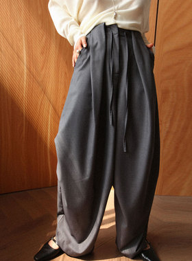 A'1st编辑店 设计感高腰显瘦弯刀灰色阔腿伞兵裤慵懒空气感休闲裤