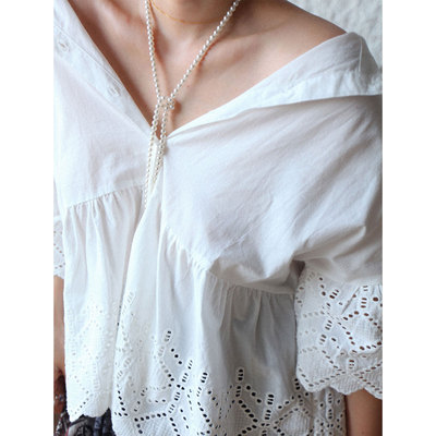 法式重工刺绣镂空白色短袖衬衫