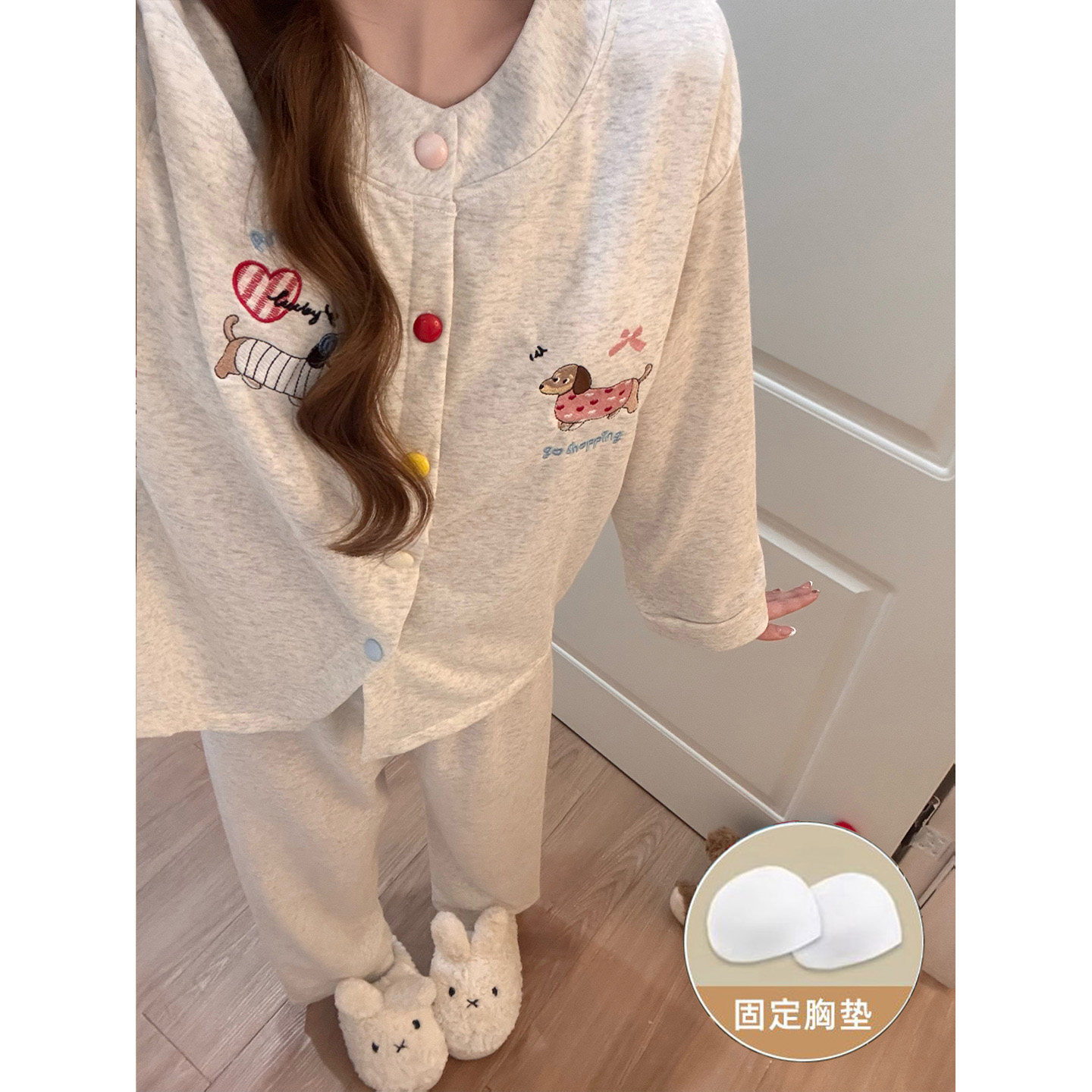 韩版格子睡衣女长袖开衫式带胸垫防凸点可外穿家居服套装