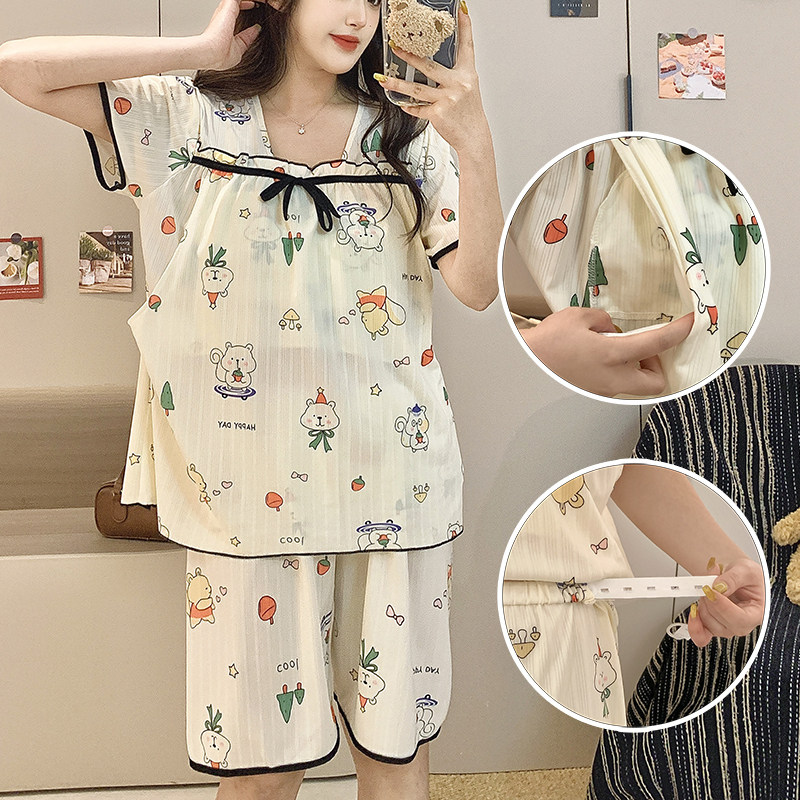 夏天带胸垫莫代尔孕妇短袖喂奶睡衣产后款月子服住院待产哺乳套装