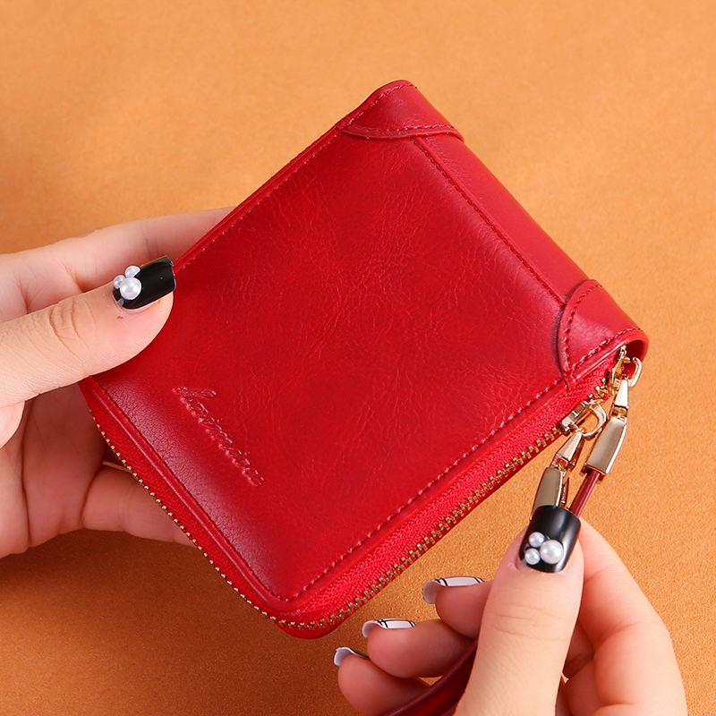 ins潮对折手腕带拉链钱包卡包一体女短款多功能钱夹女软皮零钱包