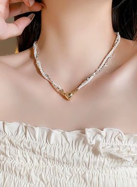 轻奢气质碎银形珍珠磁吸爱心项链