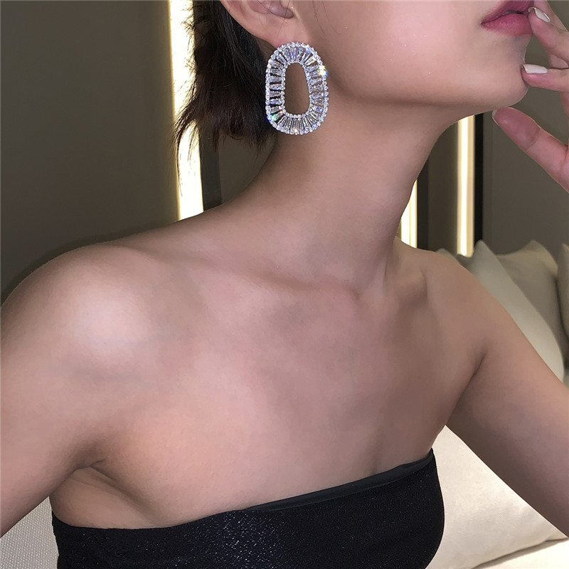 高级感满钻璀璨椭圆耳圈耳环气质s925银针耳钉气质新款耳饰品女潮