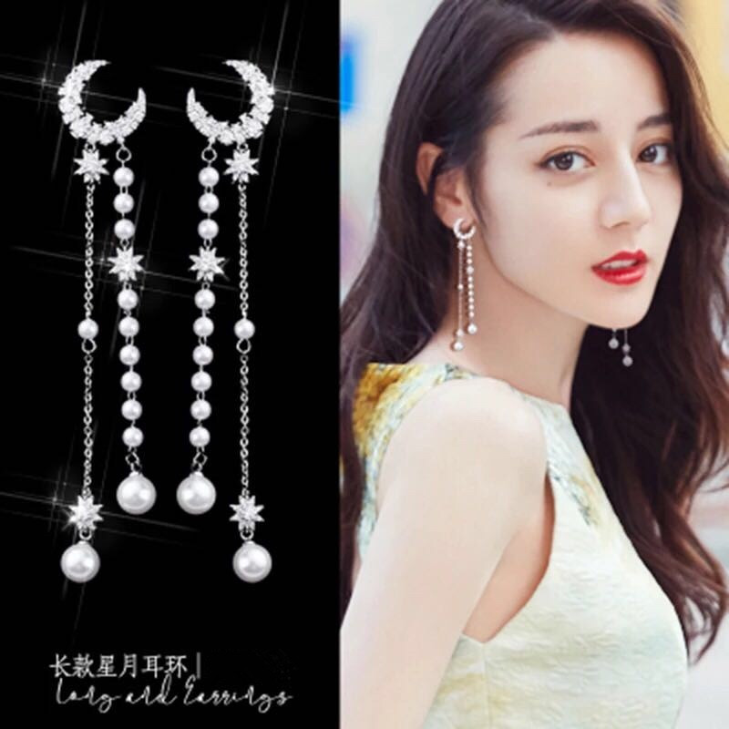 耳环新款包邮长款星星流苏月亮耳钉女韩国气质珍珠吊坠耳坠个性
