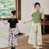 T恤阔腿裤 中国风复古套装 套装 盘扣新中式 2026夏款 女童国风短袖