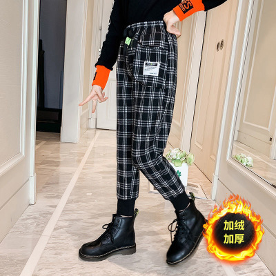 女童加绒加厚长裤裤子格子裤纯棉