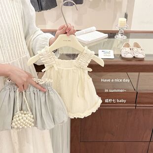 奶fufu女童夏季新款时尚两件套韩系木耳边背心上衣花苞短裤套装