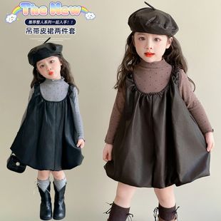 洋气时髦儿童吊带皮裙春秋款 2025新款 女宝宝早秋衣服 套装 女童秋装