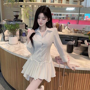 设计感翻领衬衫长袖连衣裙女春夏新款独特别致时尚收腰短款a字裙