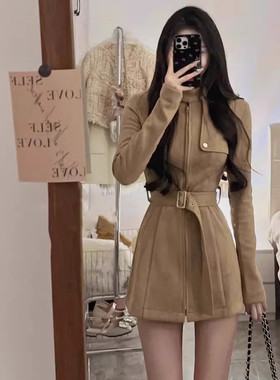 矮个子145XXS秋季纯欲修身收腰显高连衣裙女气质立领麂皮长袖外套
