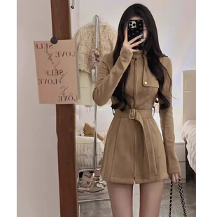 矮个子145XXS秋季纯欲修身收腰显高连衣裙女气质立领麂皮长袖外套