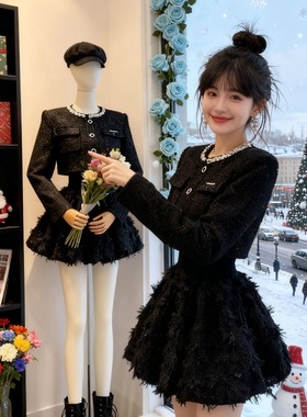 富家千金高级感穿搭赫本小香风套装裙子女秋季黑色外套蓬蓬连衣裙